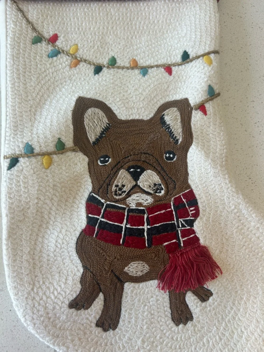Pottery Barn Festive Icons Crewel Stocking Frenchie French Bulldog